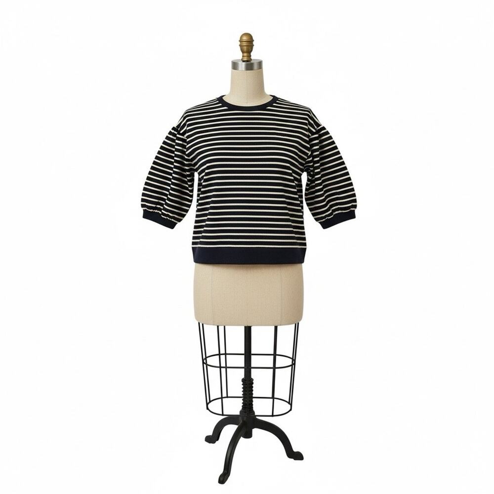Nautical Striped Puff Sleeve Top 1X Navy Blue White Fisherman Coastal Normcore